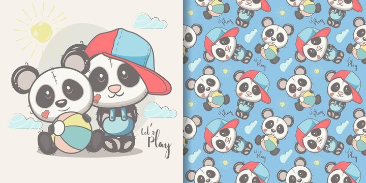 Greeting card Cute Cartoon panda with seamless pattern. Can be used for kids/babies shirt design, fashion print design,t-shirt, kids wear,textile design,celebration card/ greeting card, vector
