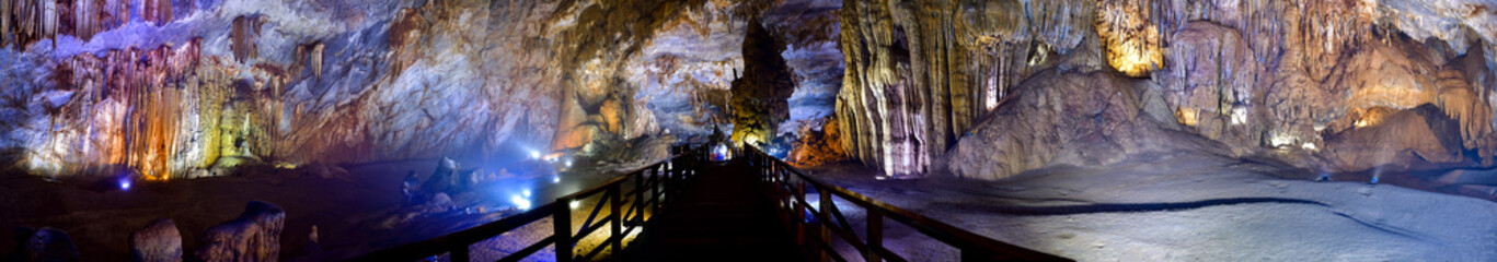 Amazing geological forms in Paradise Cave near Phong Nha, Vietnam. Panoramic piucture of limestone...