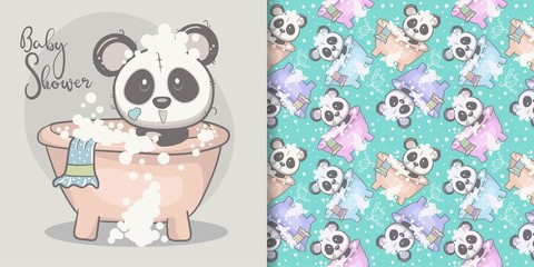 cute cartoon panda baby shower. Can be used for kids/babies shirt design, fashion print design,t-shirt, kids wear,textile design,celebration card/ greeting card, vector