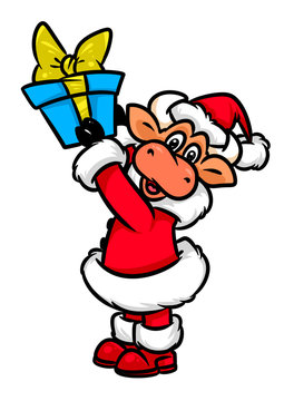 Bull santa claus christmas gifts animal character cartoon illustration isolated image