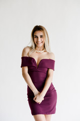 Fototapeta premium Portrait Young Blond Woman Dress Posing Studio