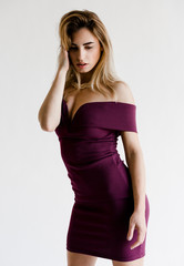 Fototapeta premium Portrait Young Blond Woman Dress Posing Studio