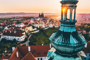 Aerial panorama of the Old Town, Prague, Czech Republic. Strahov monastery, Prague Castle.