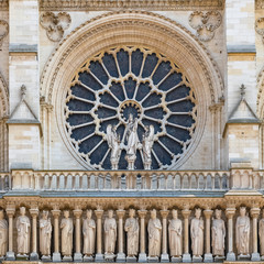 Paris, Notre-Dame cathedral in the ile de la Cite, the kings gallery and the stained glass on the western facade