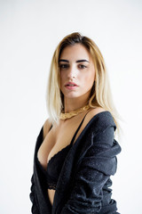 Portrait Young Blond Woman Posing Black Bra Pants Studio