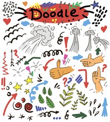 Obraz premium Collection of hand drawn think and talk speech bubbles with love message, greetings and sale ad. Doodle style comic balloon, cloud, heart shaped design elements. Isolated vector.