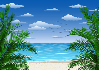 Exotic tropical  landscape with  palm branches. Seascape with tropical plants. Tourism and travelling. Vector flat design