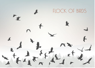 figures flock of flying birds on mountain background