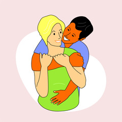 A man hugs a pregnant woman. Parents are expecting a child. International Family Relations. Vector illustration.