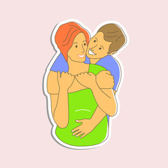 A man hugs a pregnant woman. Parents are expecting a child. Sticker vector illustration.