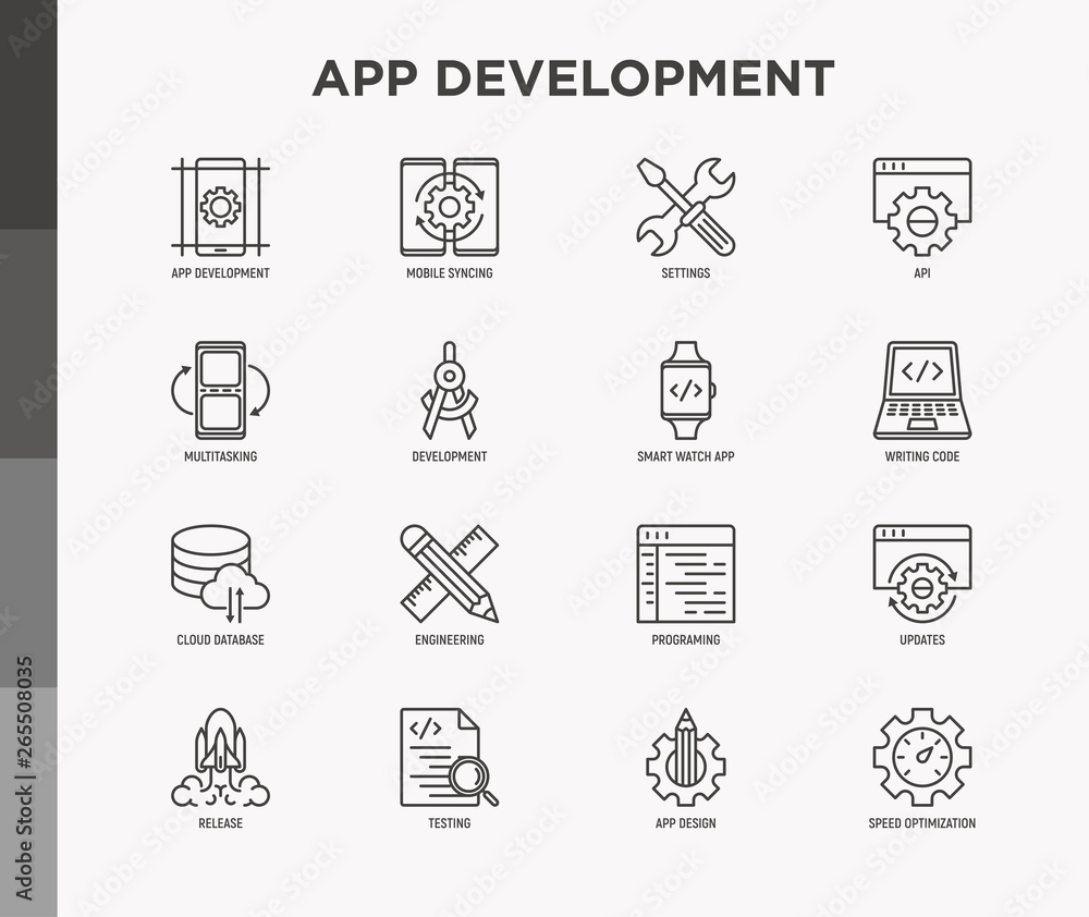 Poster app development thin line icons set: writing code, multitasking, smart watch app, engineering, updat