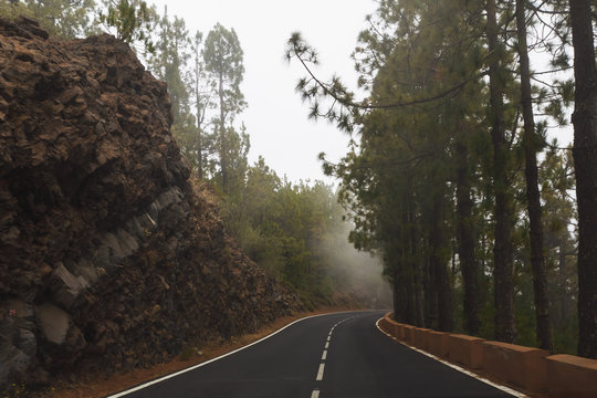 mountain road with dense mist clouds
