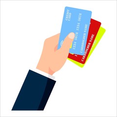 Hand holding three credit cards. Vector in flat illustration isolated on white background