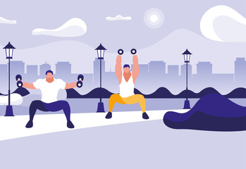 athletic men weight lifting in the park