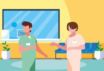 male medicine workers in clinic reception