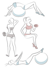 Collection. Silhouette of cute ladies. Girls are engaged in fitness, dumbbell trainer, fitball. Women are young and slender, with beautiful figures. Vector illustration set