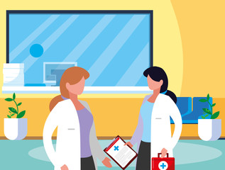 female medicine workers in clinic reception scene