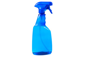 Blue plastic water spray bottle isolated on white background. Blue blank plastic spray detergent...