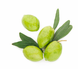 Olive fruit and olive leaves on a white background