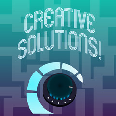 Text sign showing Creative Solutions. Business photo text mental process of creating a solution to a problem Volume Control Metal Knob with Marker Line and Colorful Loudness Indicator