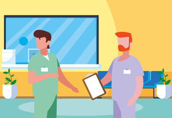 male medicine workers in clinic reception