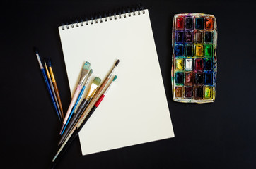 Creative artist workplace flat lay, mockup on wooden background