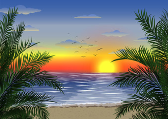 Exotic tropical  landscape with  palm branches. Palm trees at sunset or moonlight. Seascape. Tourism and travelling. Vector flat design