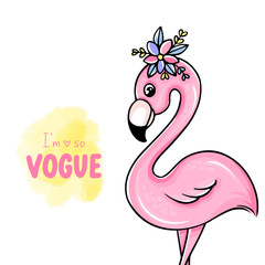 Vector cute Pink flamingos set with crown and flowers.