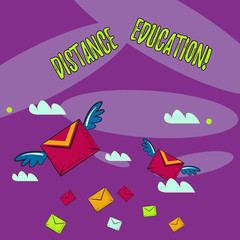 Word writing text Distance Education. Business photo showcasing learning remotely without being present at school Many Colorful Airmail Flying Letter Envelopes and Two of Them with Wings