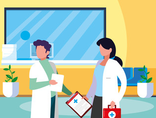 couple medicine workers in clinic reception