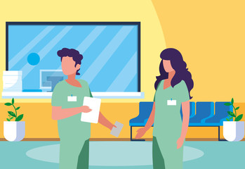 couple medicine workers in clinic reception