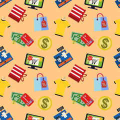 Online shopping and retail business icons square seamless pattern. For store sales decoration. Thin flat objects texture illustration.
