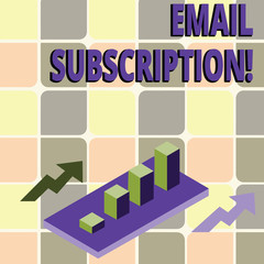 Conceptual hand writing showing Email Subscription. Concept meaning option that allows visitors to receive updates via email Clustered 3D Bar Chart Graph in Perspective with Two Arrows