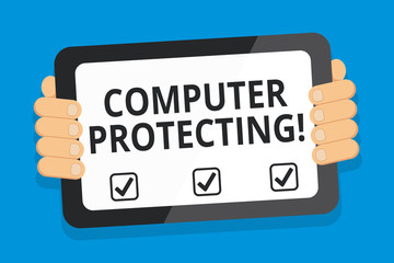 Word writing text Computer Protecting. Business photo showcasing protecting computer against unauthorized intrusions Color Tablet Smartphone with Blank Screen Handheld from the Back of Gadget
