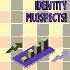 Conceptual hand writing showing Identity Prospects. Concept meaning Potential customer Qualified lead is an organization Clustered 3D Bar Chart Graph in Perspective with Two Arrows