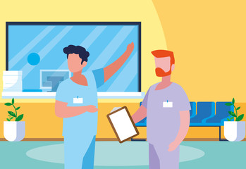 male medicine workers in clinic reception