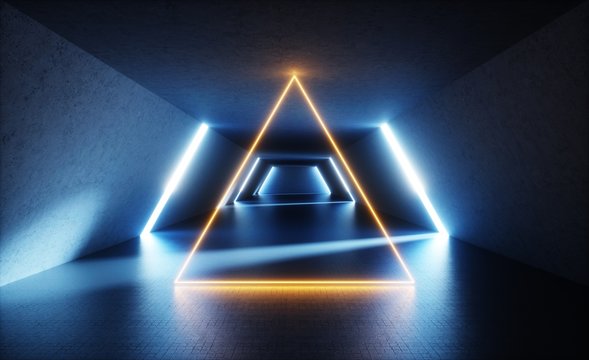 3d Render, Abstract Empty Storage Room, Glowing Triangular Shape, Lines, Concrete Walls, Blue Yellow Neon Light, Corridor, Interior, Gray Concrete, Daylight Rays, Tunnel With No Exit, Minimal Space
