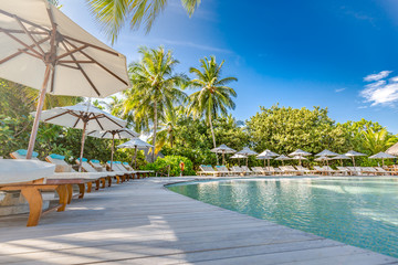 Luxury swimming pool in the tropical hotel or resort. Palm trees and infinity pool close to lounge...