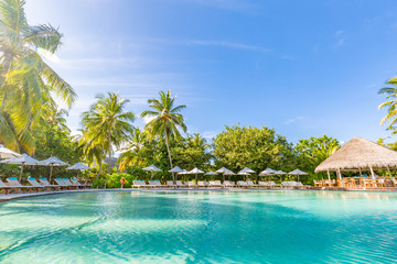 Luxury swimming pool in the tropical hotel or resort. Palm trees and infinity pool close to lounge chairs and umbrellas. Exotic travel destination, summer mood, beach holiday