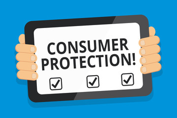 Word writing text Consumer Protection. Business photo showcasing regulation that aim to protect the rights of consumers Color Tablet Smartphone with Blank Screen Handheld from the Back of Gadget