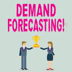 Word writing text Deanalysisd Forecasting. Business photo showcasing predict customer deanalysisd to optimize supply decisions Man and Woman in Business Suit Holding Together the Championship Trophy