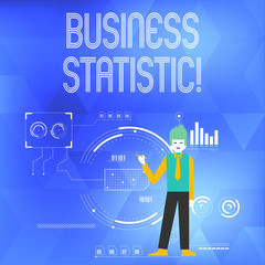 Word writing text Business Statistic. Business photo showcasing science of accurate and very quick decision makings Man Standing Holding Pen Pointing to Chart Diagram with SEO Process Icons