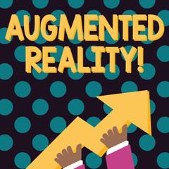 Obraz premium Word writing text Augmented Reality. Business photo showcasing interactive experience of a realworld environment photo of Hand Holding Colorful Huge 3D Arrow Pointing and Going Up