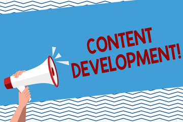 Conceptual hand writing showing Content Development. Concept meaning Authoring and originating content for any medium Human Hand Holding Megaphone with Sound Icon and Text Space