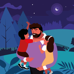 Obraz premium father with son and daughter in the field at night