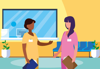 interracial female medicine workers in clinic reception