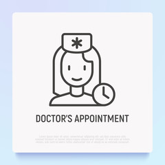 Doctor's appointment thin line icon: woman doctor with clock. Modern vector illustration.