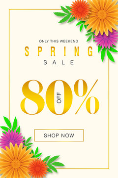 Special Spring sale offer 80% Off only for this weekend Promotional banner background with colorful flower