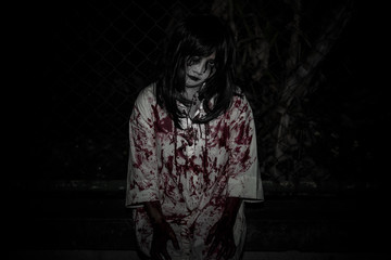 Portrait of asian woman make up ghost face,Horror scene,Scary background,Halloween poster
