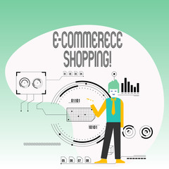 Text sign showing E Commerce Shopping. Business photo text directly buy goods or service from a seller over the web Man Standing Holding Pen Pointing to Chart Diagram with SEO Process Icons